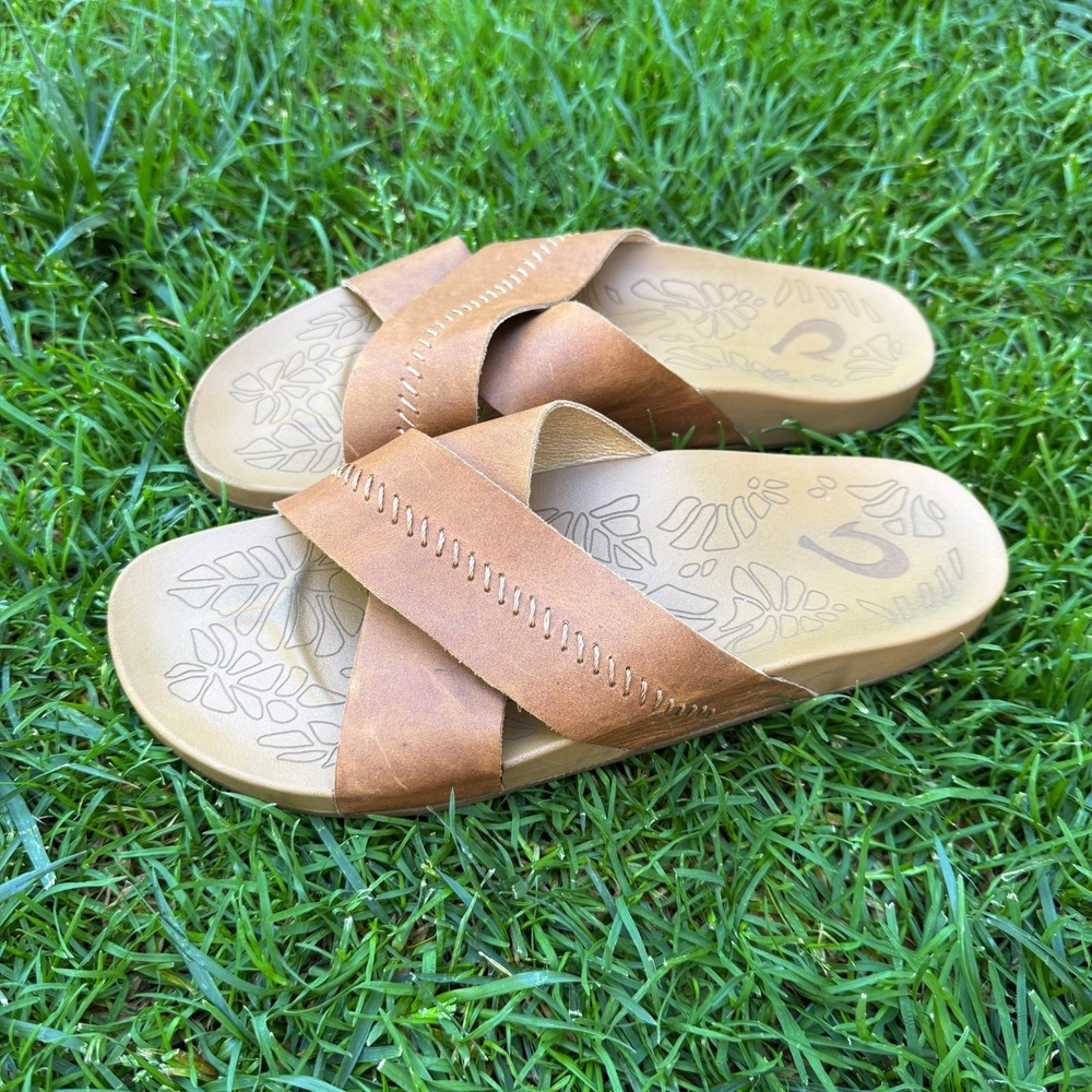 OluKai Kipe'a 'Olu 20460-FMFM Sandals Women's 8 Brown Leather Cross Strap Slide